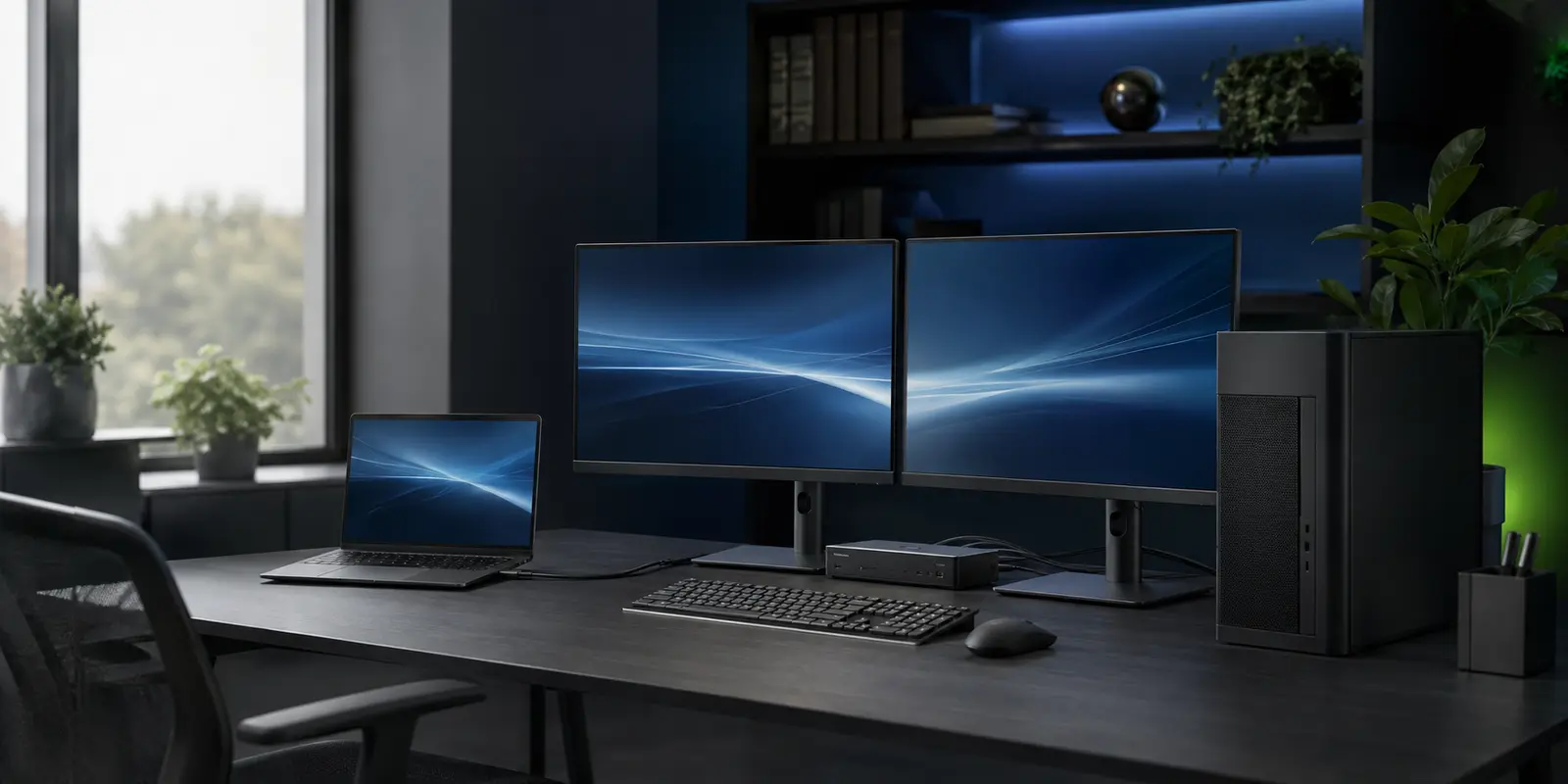 Professional business workstation with dual displays and a laptop