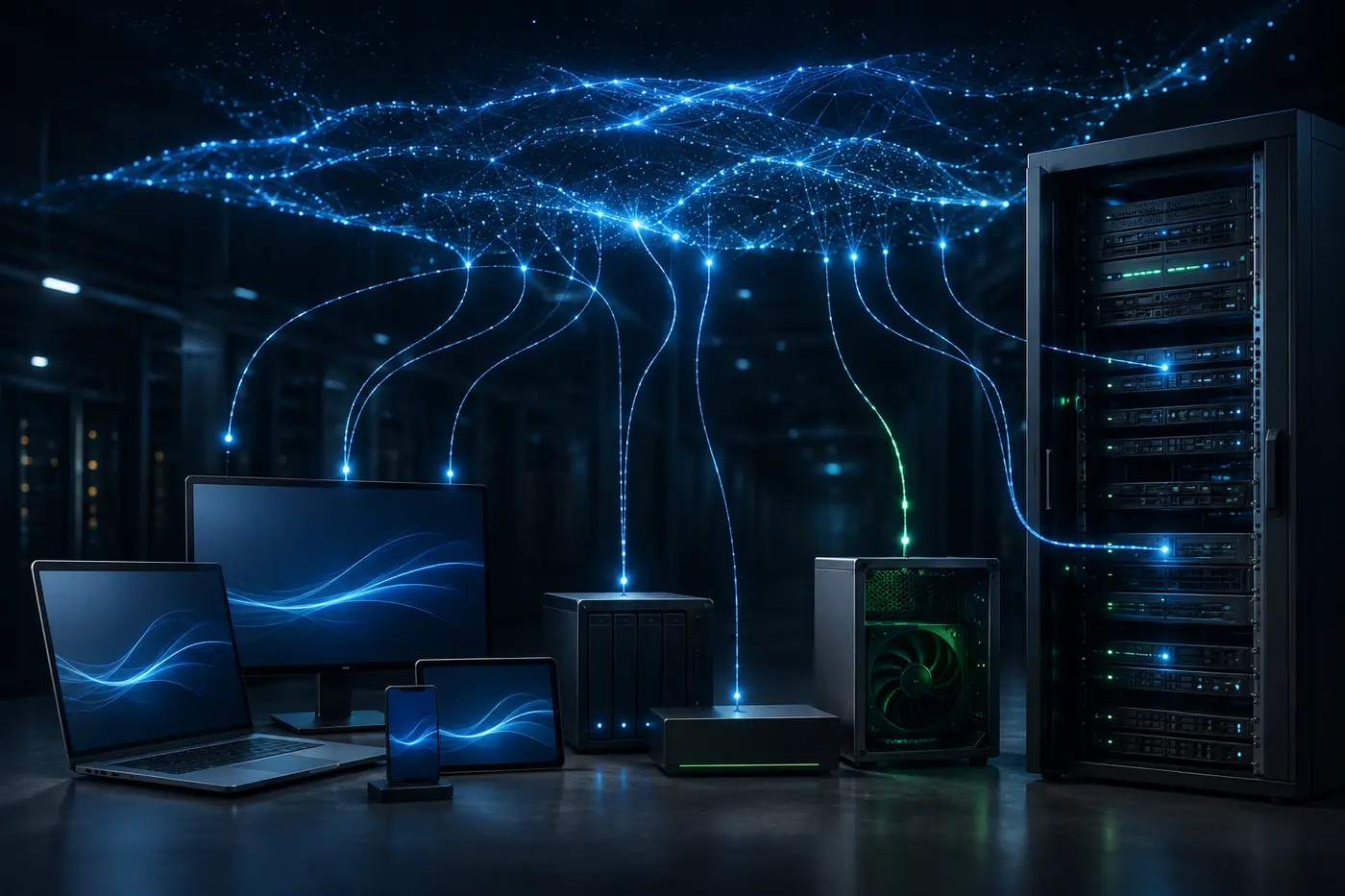Hybrid technology environment connecting endpoints, storage, servers, cloud, and AI